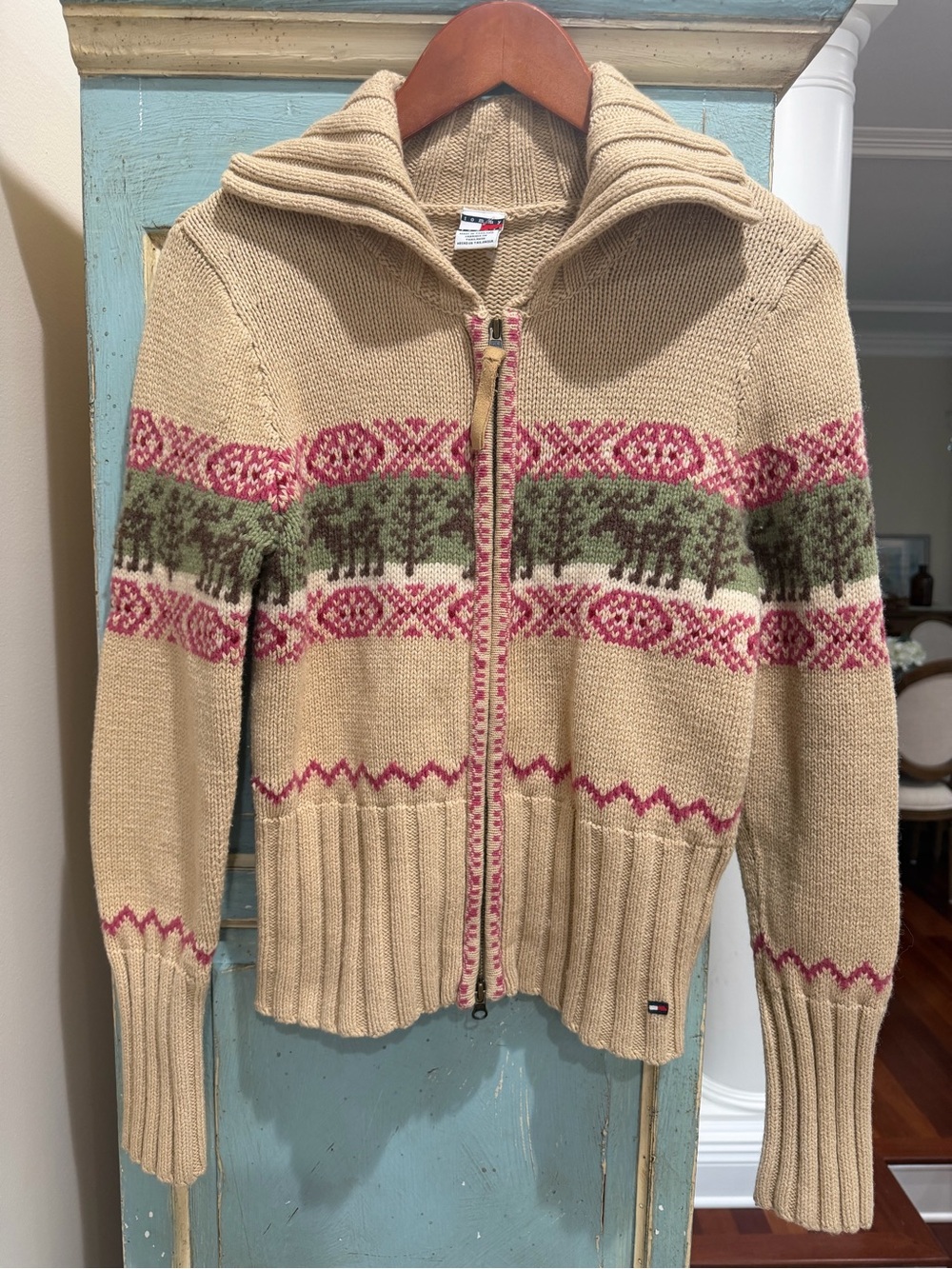 Vintage Tommy Jeans Fair Isle Moose Full Zip Cardigan Sweater Lambswool M⁠